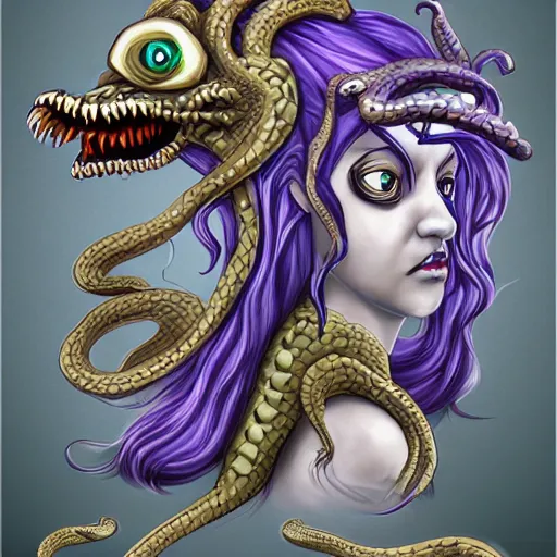 Image similar to torquoise fantasy fanged medusa, medusa head, snake heads, medusa head, snake heads, medusa head, snake tongue, snake tongue, snake eyes, hair made of snake eyes, fantasy game art, fantasy rpg, league of legends