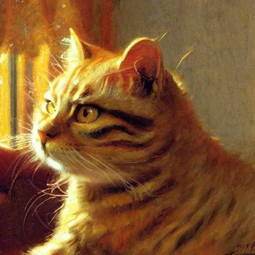 Image similar to detailed portrait of garfield the cat in royal palace, spring light, painting by gaston bussiere, craig mullins, j. c. leyendecker