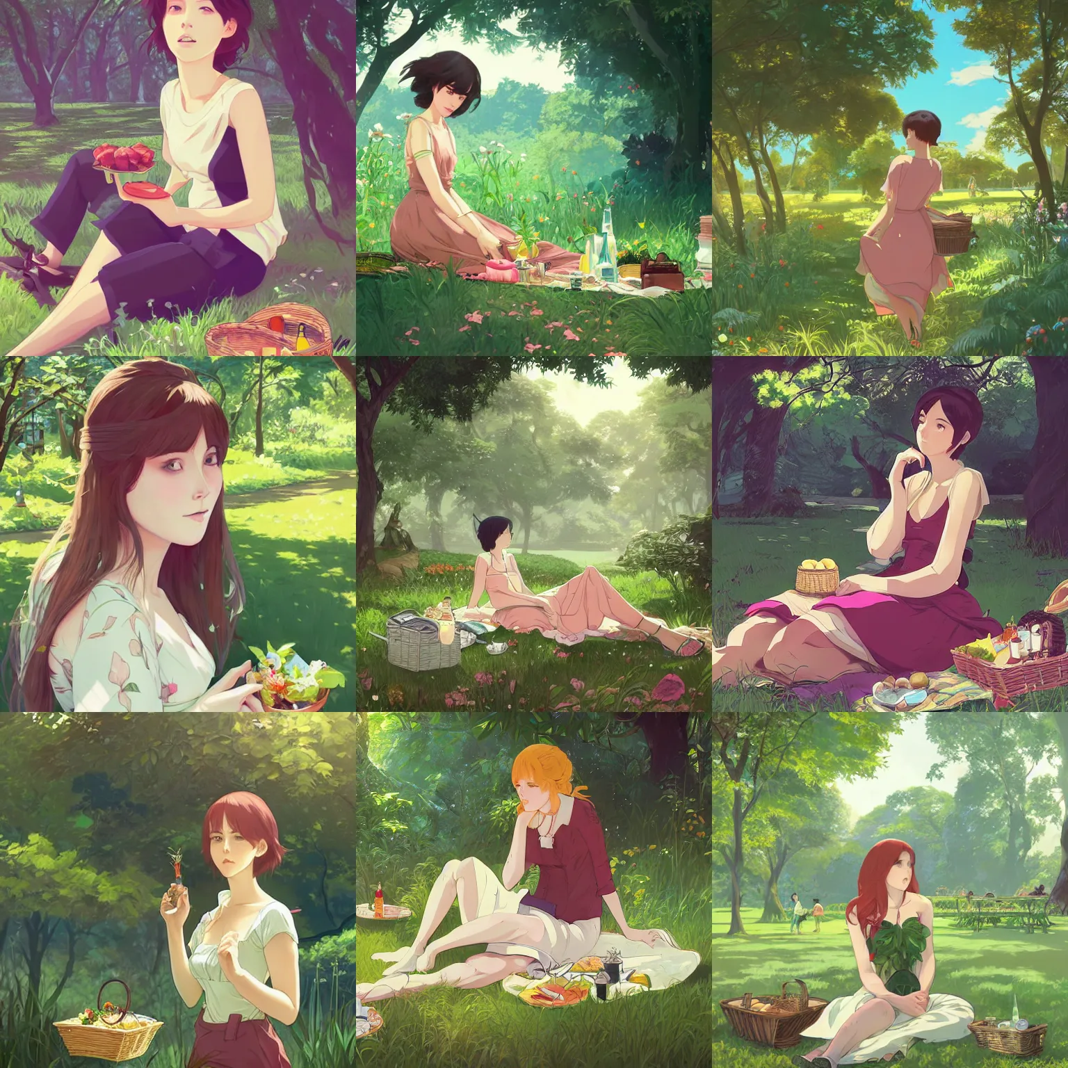 Prompt: woman having a picnic in a lush park, finely illustrated face, highly detailed, digital painting, concept art, studio ghibli key visual, in the style of ilya kuvshinov and krenz cushart and alphonse mucha