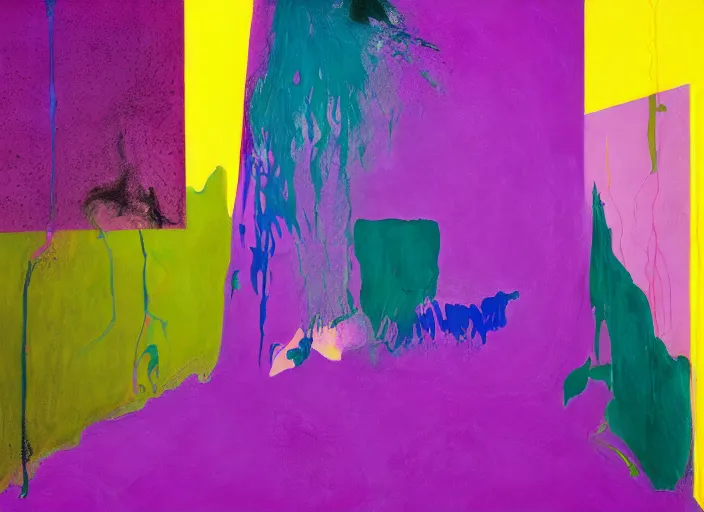 Prompt: minimalistic abstract painting in shape of waterfall, in purple, yellow, dark green, beige, by hernan bas and pat steir and hilma af klint, psychological, photorealistic, dripping paint, washy brush, oil on canvas, rendered in octane, altermodern, masterpiece