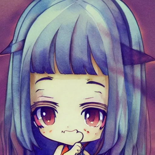 Image similar to beautiful water color concept art of the face detailing cute nendoroid girl in the style of line art, toon rendering, close-up, flat, lacking in three-dimensionality, flat tone, unshaded