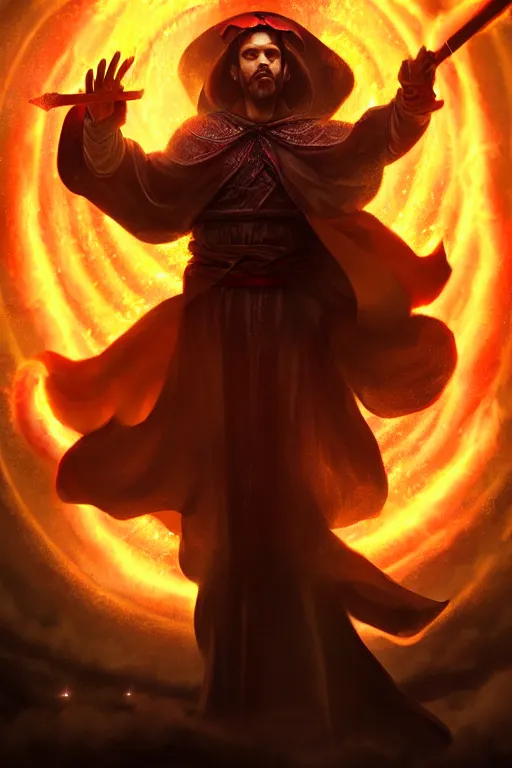 Prompt: levitating mage wielding a spear opening a shining portal pulsating in the night sky, horizon of an erupting volcano, trending on artstation, cgsociety, behance hd