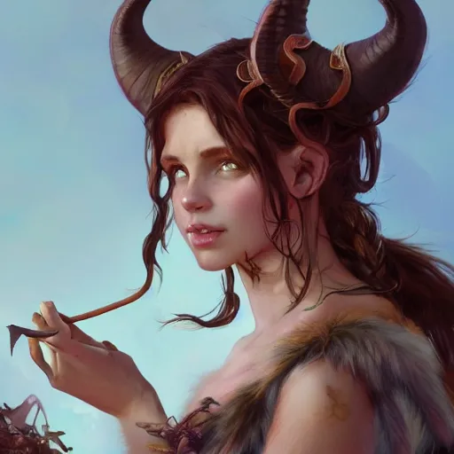 Image similar to cute Whimsical Tiefling Druid with cute horns , light-brown skin, D&D, fantasy, portrait, highly detailed, digital painting, artstation, concept art, sharp focus, illustration, art by greg rutkowski and alphonse mucha