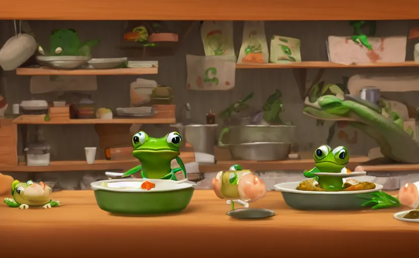 Image similar to ps 5 game about a cute frog chef making soup in oregon, unity screenshot,