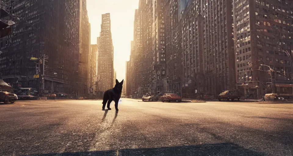 Prompt: the german shepherd of I am legend in new york, octane render, unreal engine, sundown, empty streets