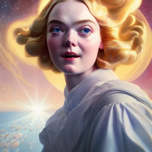 Image similar to leyendecker and peter paul rubens, head and shoulders portrait of a elle fanning in space, unreal engine, fantasy art by global illumination, radiant light, detailed and intricate environment