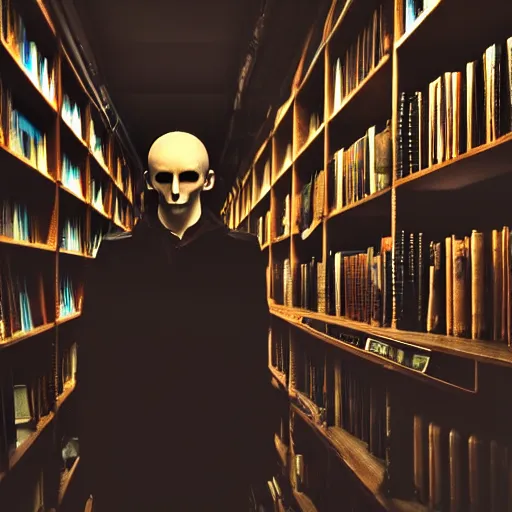 Prompt: night portrait of a neurotic british man vampire feeling confidant in a grungy library f / 1. 4 hdr