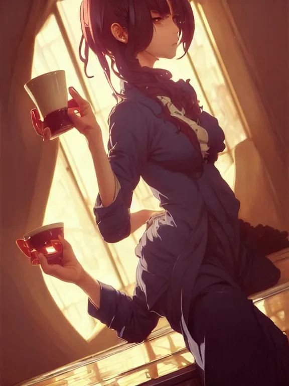 Prompt: full body picture of a bariste drip a coffee, calm and chill, beautiful and aesthetic, intricate, unreal engine, messy hair, highly detailed, detailed face, smooth, sharp focus, chiaroscuro, manga illustration, artgerm, greg rutkowski, ilya kuvshinov, rossdraws, alphonse mucha, young adult light novel cover art