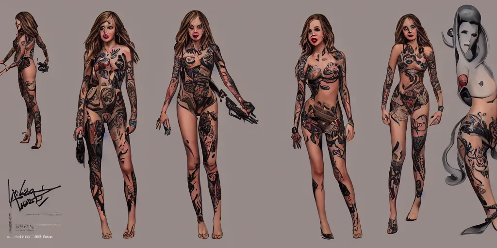Image similar to halston sage as a tattooed pinup, character sheet, concept design, contrast, hot toys, kim jung gi, greg rutkowski, zabrocki, karlkka, jayison devadas, trending on artstation, 8 k, ultra wide angle, pincushion lens effect