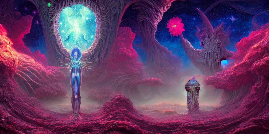 Image similar to of a beautiful digital photorealistic painting of a large alien shrine life and death surrounded by mystic nebula magical rosses by moebius and android jones, oil on canvas sharp, details, hyper - detailed, hd, hdr, 4 k, 8 k