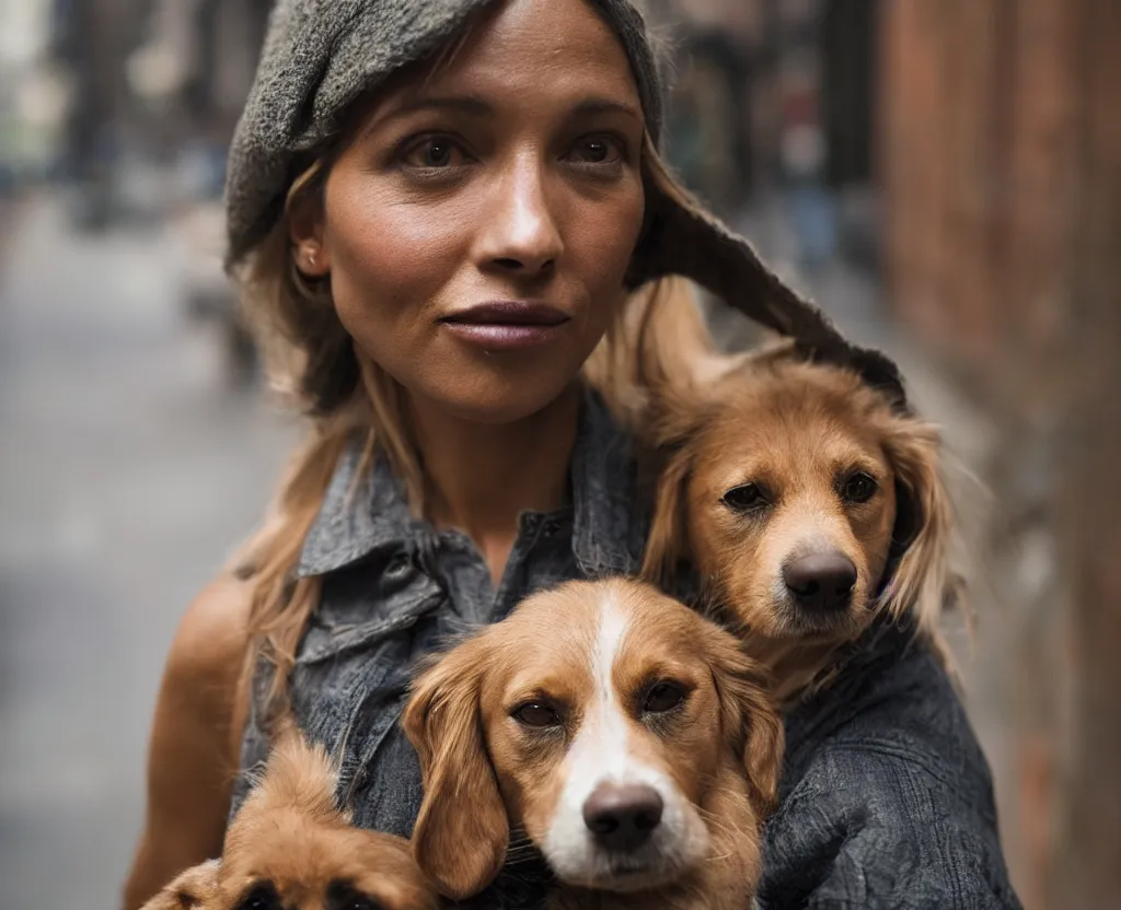 Image similar to closeup portrait of beautiful woman carrying a dog, smoky new york back street, by annie leibovitz and steve mccurry, natural light, detailed face, canon eos c 3 0 0, ƒ 1. 8, 3 5 mm, 8 k, medium - format print