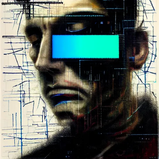 Prompt: hyperrealistic portrait of a cyberpunk hacker that can see the future, male, by Guy Denning, Johannes Itten, Russ Mills, glitch art, glitch eyes, hacking effects, glitch effects, cybernetics, digital sunglasses, detailed lines, chromatic, color blocking, oil on canvas, highly detailed, artistic, front view, symmetrical, octane, concept art, abstract, deep blue, 8k, cinematic, trending on artstation