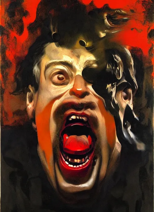 Prompt: sam hyde, screaming, painting by phil hale, fransico goya, david lynch,'action lines '!!!, graphic style, visible brushstrokes, motion blur, blurry