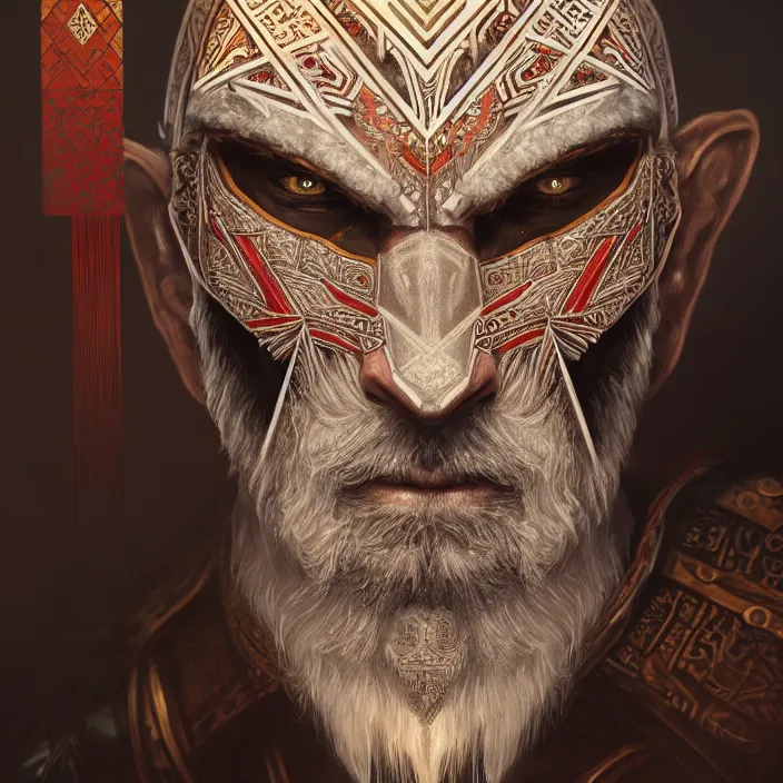 Prompt: symmetry! portrait of a old male caucasian warrior, face decorated with chinese patterns, leds, assassin's creed, horizon zero dawn machine, intricate, elegant, highly detailed, digital painting, artstation, concept art, smooth, sharp focus, illustration, art by artgerm and greg rutkowski and alphonse mucha, 8 k