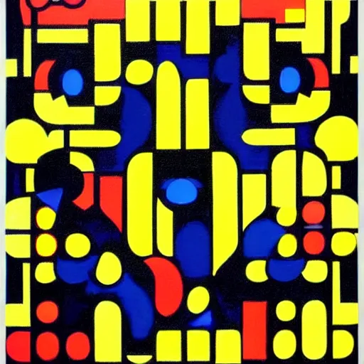 Prompt: pac - man!! in a maze painting by mondrian