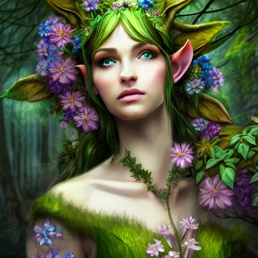 Image similar to a picture of a forest elf clothed in flowers and leaves standing on a stone in an enchanted forest, high fantasy, elegant, epic, detailed, intricate, digital painting, concept art, realistic detailed face, smooth, focus, rim light,