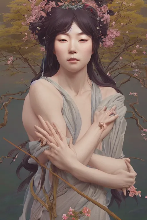 Image similar to Japanese goddess of nature, accurate anatomy, only two hands, highly detailed, digital painting, artstation, concept art, smooth, sharp focus, illustration, Unreal Engine 5, 8K, art by Ross Tran and greg rutkowski and alphonse Mucha