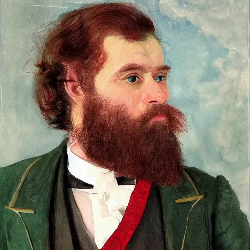 Image similar to Portrait of a handsome man with mutton chops. wearing a green suit. colorful necktie, pale white face, long messy hair, ((red)) baggy eyes, tired face, watercolor, brushstrokes, high detail, artstation, background yellow and blue, medium detail, by Ilya Repin