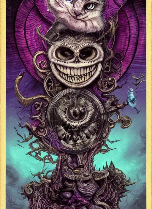 Prompt: cheshire cat the magician tarot card, highly detailed, half skull face, cinematic, 8 k, bymegan duncanson, benjamin lacombe, naoto hattori, adrian borda, giger, trending on deviantart, hyper detailed, horror, full of colour