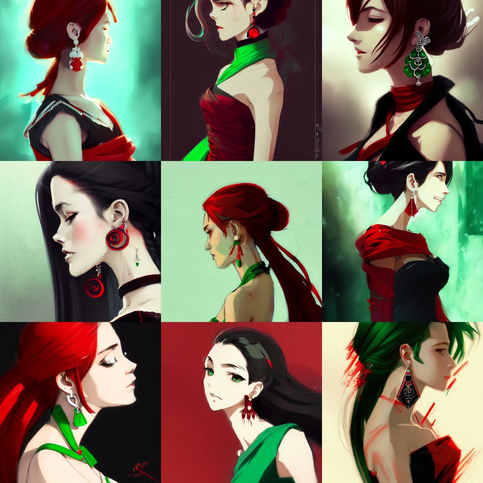 Prompt: gorgeous woman with silver earrings, wearing an elegant dress, side view, red and black and green colors, in the style of greg rutkowski, anime artstyle, intricate