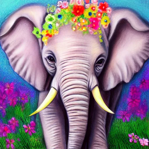 Prompt: whimsical portrait of cute baby elephant with flowers and pastel colors detailed painting 4k