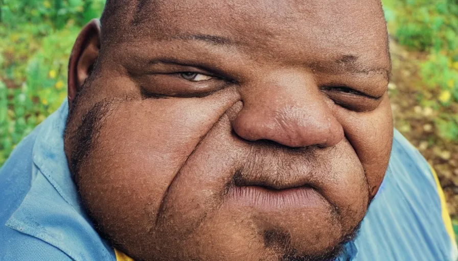 Image similar to far view, extremely fat obese forrest whitaker with long beard, wearing dirty overalls, dirty greasy face, grin, portrait, close up, kodak gold 2 0 0, 5 0 mm,