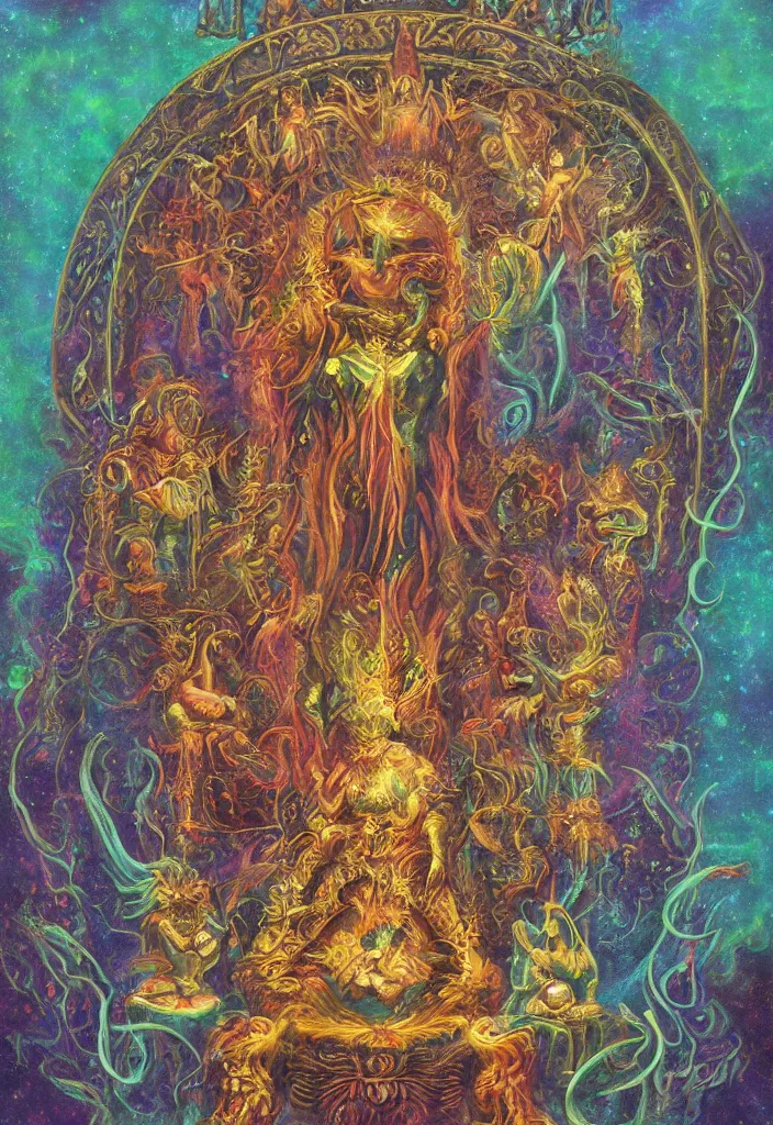 Image similar to terrible throne of the gnostic lunar mythos, award winning oil painting, iridescent color palette