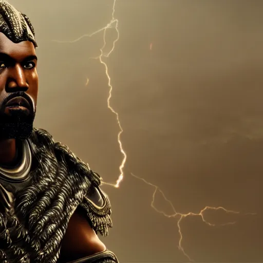 Image similar to portrait of kanye west as zeus, god of thunder, greek god, in mortal kombat, gears of war, mythology, fantasy, splash art, movie still, cinematic lighting, dramatic, octane render, long lens, shallow depth of field, bokeh, anamorphic lens flare, 8 k, hyper detailed, 3 5 mm film grain