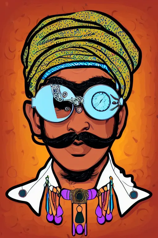 Image similar to face portrait of an indian man with long neon moustache rajasthani pagdi wearing steampunk goggles and jewelry, art by butcher billy and mucha, sticker, colorful, illustration, highly detailed, simple, smooth and clean vector curves, no jagged lines, vector art, smooth