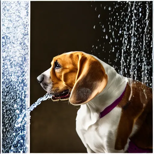 Image similar to A Beagle playing with water from a hose, outdoor photo, promo shoot, studio lighting
