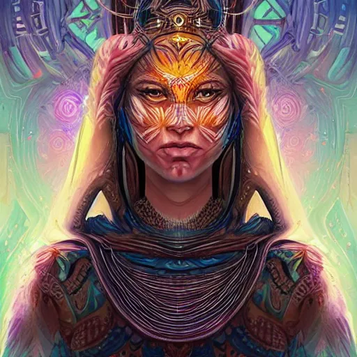 Image similar to portrait of a future metaverse ayahuasca tech shaman warrior, 2 d cartoon, visionary art, symmetric, magick symbols, holy halo, shipibo patterns, sci - fi, concept art, trending on art station, 8 k digital art, by mandy jurgens, fantasy portrait art, anime