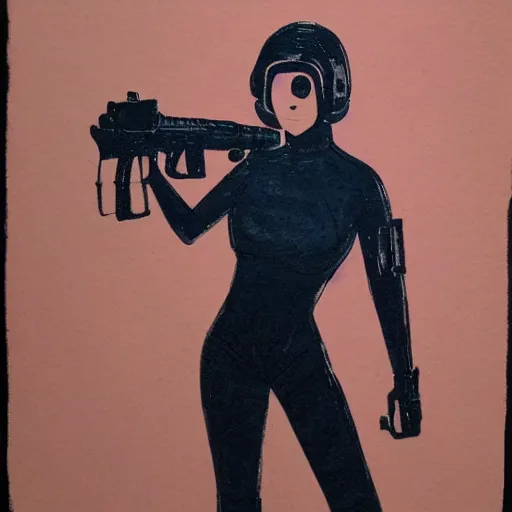 Prompt: A pink sci-fi woman with a gun, in the style of realism.