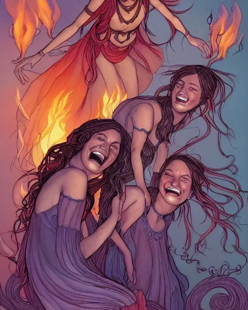 Prompt: fantasy comic cover art of a ( ( group of faeries ) ) laughing and dancing around a bonfire, illustration by jenny frison and sana takeda, intricate details, stunning inking lines, stunning gradient colors, 4 k, hd, artstation, award winning