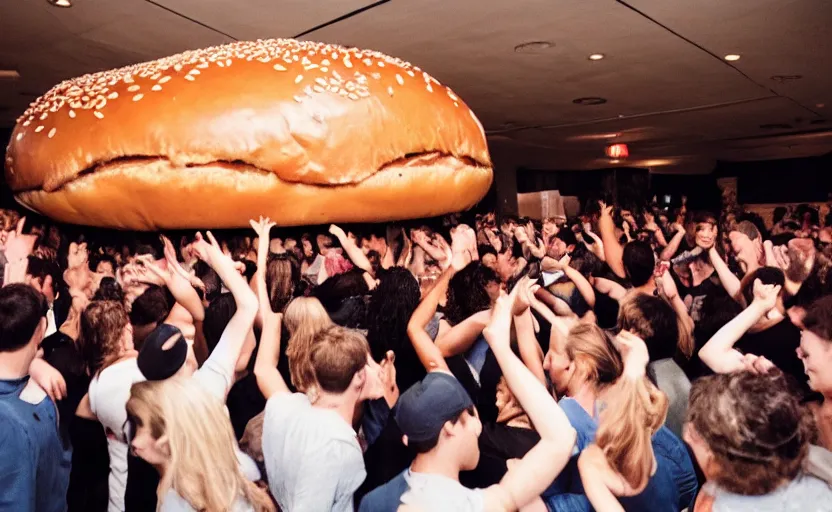 Prompt: a crowd of people dancing in a party around a giant hamburger,