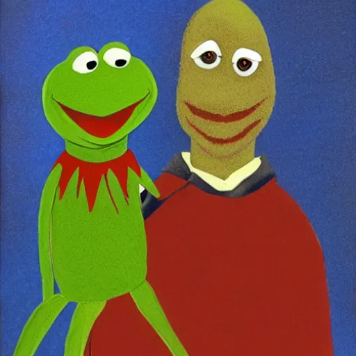 Image similar to kermit and elmo in the style of american gothic by grant wood