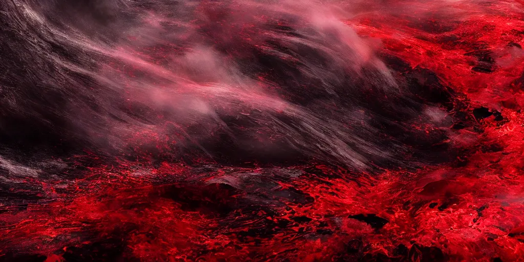 Image similar to a churning, boiling, fiery red sea with lots of smoky black and red steam, fantasy digital art, octane render, beautiful composition, trending on artstation, award-winning photograph, masterpiece