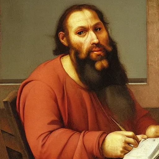 Image similar to a weary bearded traveler sits in the back of a lecture hall listening intently, detailed and realistic oil painting by Raphael