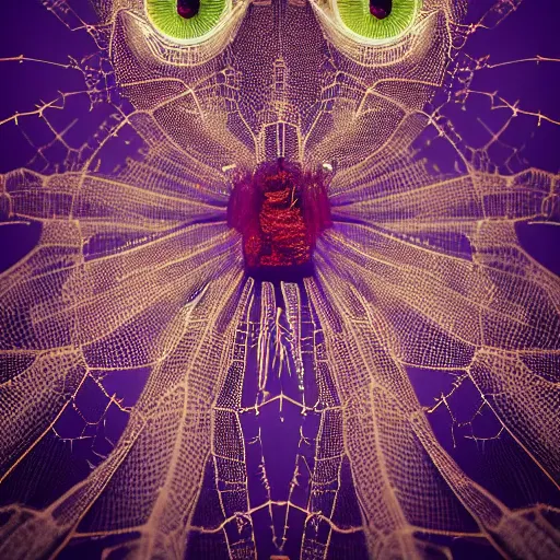 Image similar to symmetrical features, magical realism, texture, intricate, ornate, royally decorated, follicle, tiny sticks,small insects, water drops,sap,spider web, purple veins, whirling smoke, embers, red adornements, radiant colors, trending on artstation, volumetric lighting, micro details, 3d sculpture, ray tracing, 8k