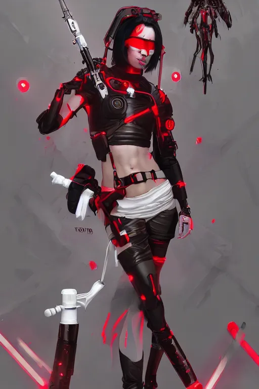 Image similar to covid - 1 9 nurse holding a syringe, wearing nurse bikini armor, black and white and red, cyberpunk, by tom bagshaw and alphonse mucha and atey ghailan and artgerm and and greg rutkowski and hajime soriyama, hyper realistic, octane render, trending on artstation