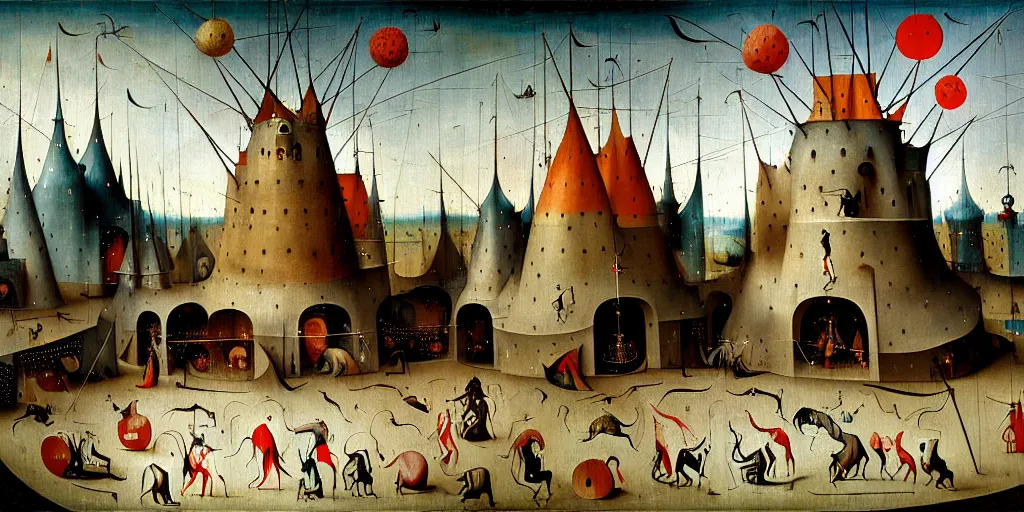 Prompt: a beautiful painting of an elaborate circus by hieronymous bosch and wlop
