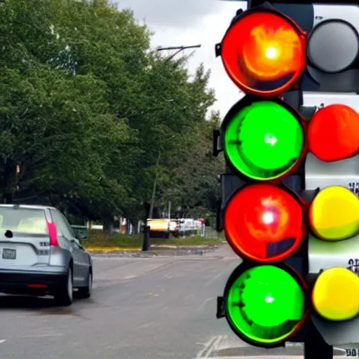 Image similar to a realistic photo of traffic light that uses portals from the video game portal 2 to control traffic at an intersection