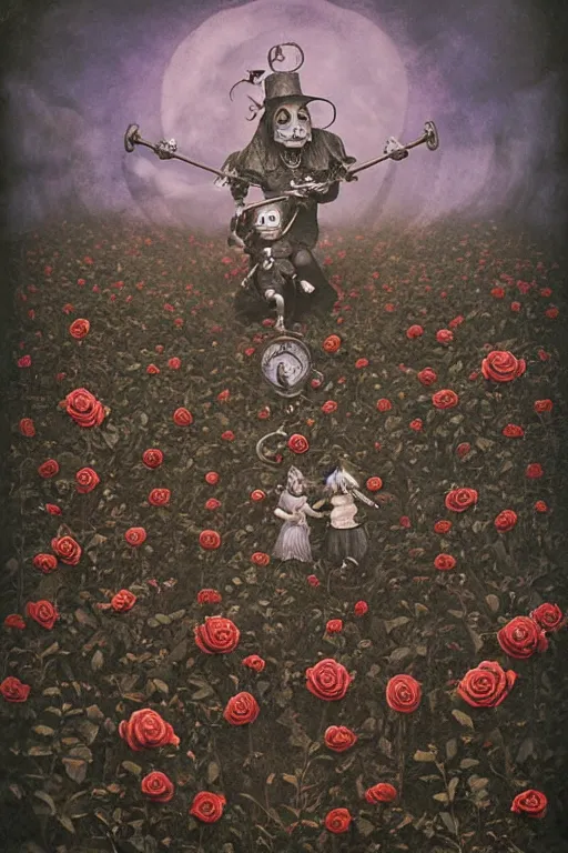 Prompt: daguerreotype photograph of steampunk witches сlockwork fighting in a field of roses, spooky nostalgic fairy tale, by shaun tan, jacec yerka, foreboding, 6 6 6, absolutely terrifying, screaming, tear of joy