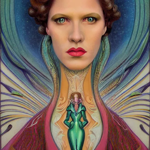 Prompt: a streamline moderne, art nouveau, multi - ethnic and multi - racial portrait in the style of gilbert williams, and in the style of donato giancola, and in the style of charles dulac. intelligent, expressive, very large eyes. symmetry, ultrasharp focus, dramatic lighting, photorealistic digital painting, intricate, elegant, highly detailed, symmetrical.