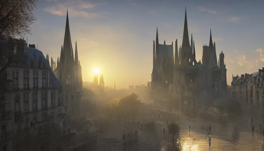 Image similar to Digital painting of Neo-Gothic Paris with a big sun, wide angle, volumetric light, artistic, hyperdetailed, artstation, cgsociety, 8k