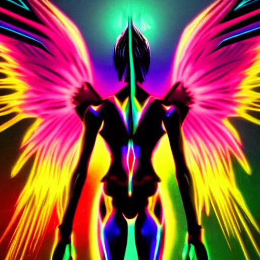 Image similar to evangelion angel invaders with neon rainbow wings colorful 4 k macabre dark background grim ceremonial path traced high definition detailed artstation realistic trending dramatic lighting dark and light contrast