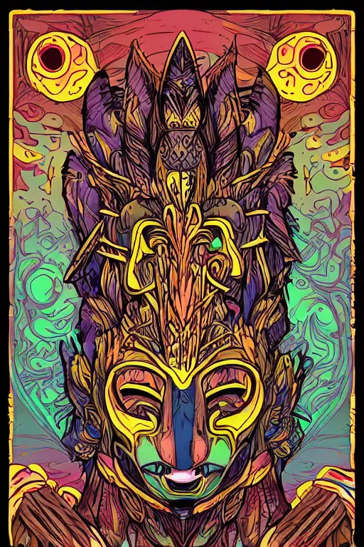 Image similar to animal mask totem roots flower tribal feather gemstone plant wood rock shaman vodoo video game vector cutout illustration vivid multicolor borderlands comics by josan gonzales and dan mumford radiating a glowing aura