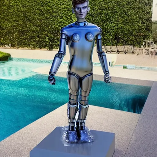 Image similar to a realistic detailed photo of a guy who is an attractive humanoid who is half robot and half humanoid, who is a male android, soccer player timo werner, shiny skin, posing like a statue, blank stare, by the pool, on display, showing off his muscles, humanoid robot, frozen ice statue, made of ice