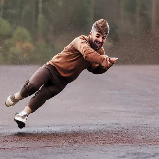 Prompt: a man sliding through brown pudding, professional photo, funny