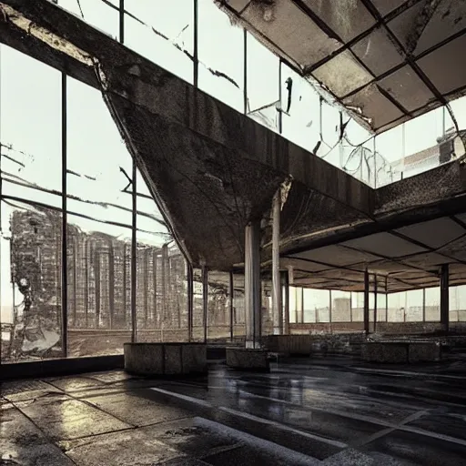 Image similar to “derelict architecture buildings, building designed by architect Norman Foster, architecture digest, building surrounded in a luxurious environment, modern tones, fluorescent lighting,volumetric Lighting, cyber punk, photorealism, high detail, golden ratio, cinematic, octane renderer”