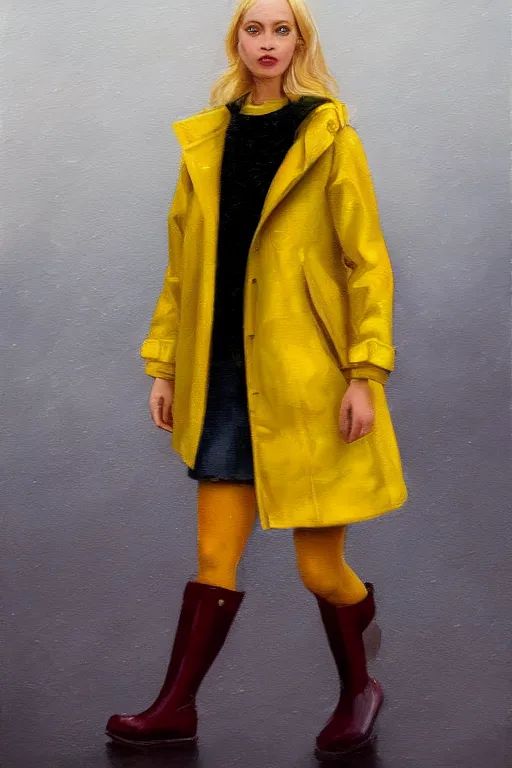 Prompt: a full body high detail portrait oil painting illustration of beautiful blonde woman with face and body clearly visible , dressed in yellow raincoat and yellow rubber boots walks in small town in Finland, realistic proportions, rpg, artstation trending, high quality, no crop, entire person visible, natural light, width 768